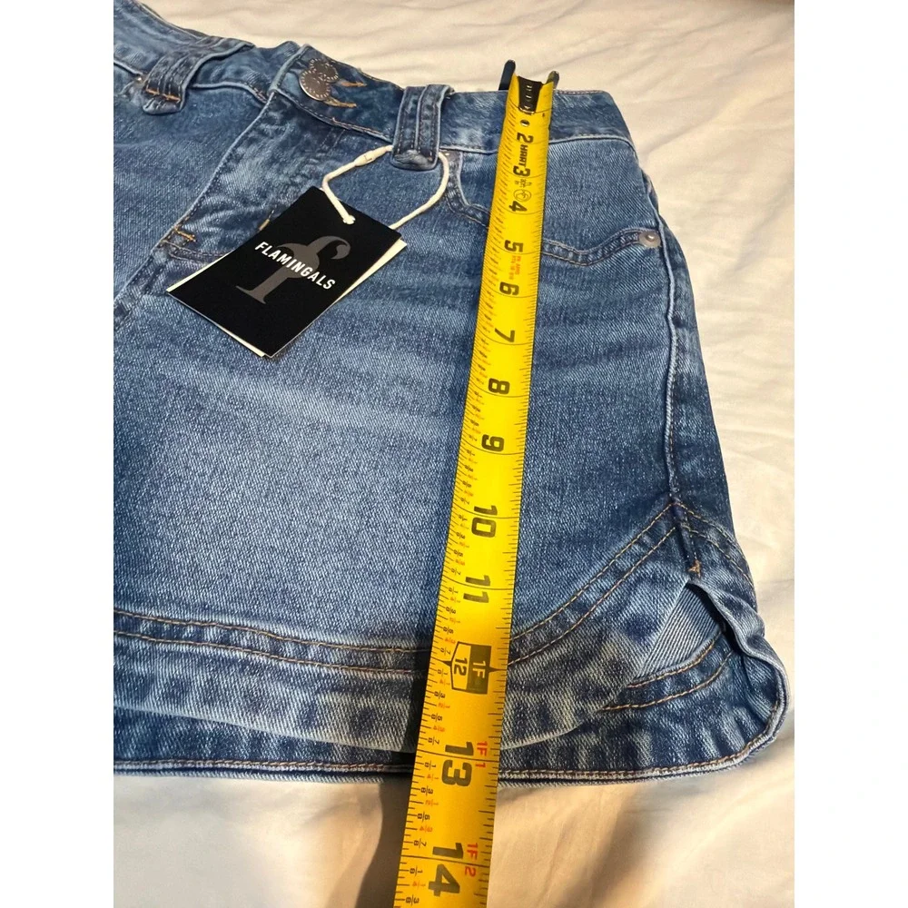 Flamingals Wash Split Studded Mid Waist Denim Shorts Blue XS 273132 XC